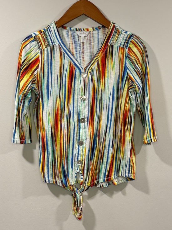 Coral Bay Tops - Coral Bay Women’s Multicolor Striped V-Neck Tie 3/4 Length Sleeve Top Size PM